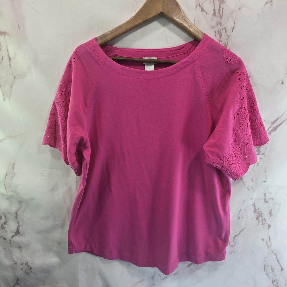 Chicos Shirt Women 1 Medium Hot Pink Eyelet Embroidered Puff Sleeve Poplin Mixed